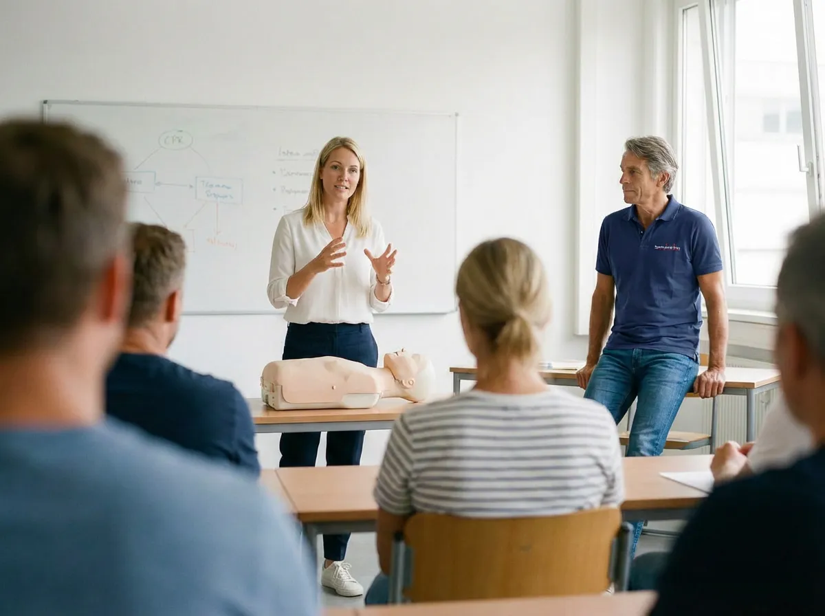 Ausbilder für Betriebssanitäter Hospitation: Eine Hospitantin erklärt einer Lerngruppe die Herz-Lungen-Wiederbelebung an einer HLW-Puppe in einem hellen Seminarraum.