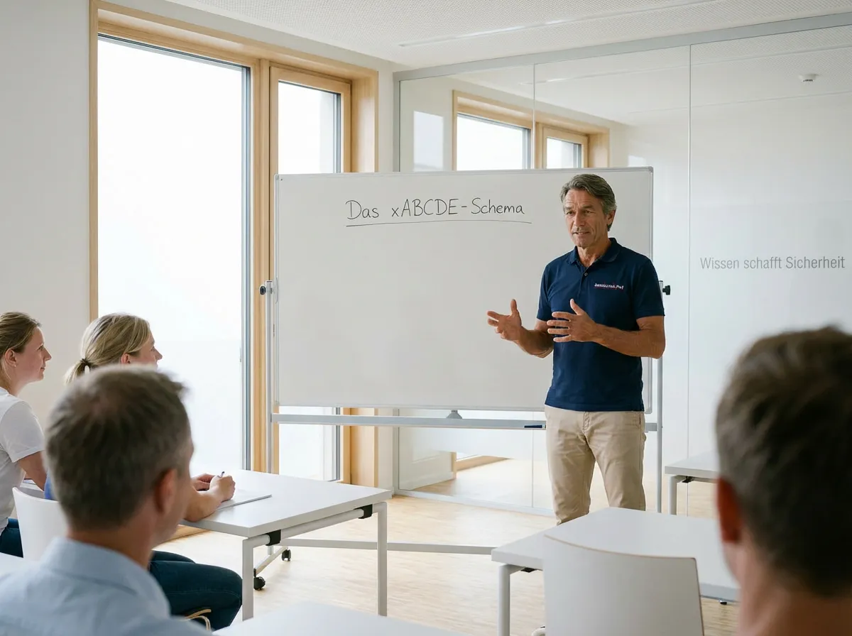 Dozent steht vor einem Whiteboard mit dem xABCDE-Schema und unterrichtet Teilnehmer im Lehrgang Ausbilder für Betriebssanitäter in einem hellen Schulungsraum.