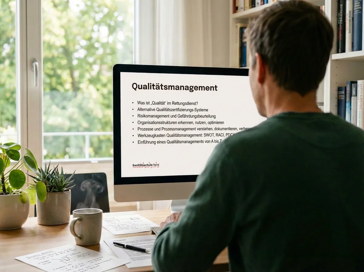 Ausbildung Qualitätsmanagement Gesundheitswesen: Ein Teilnehmer lernt am Computer in einem hellen Büro mit Blick auf Kursinhalte zum Risikomanagement.