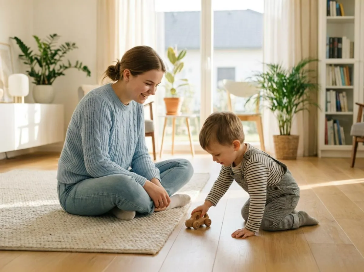 Babysitter Kurs: Absolventin spielt einfühlsam mit einem Kleinkind auf dem Boden in einem hellen Wohnzimmer.