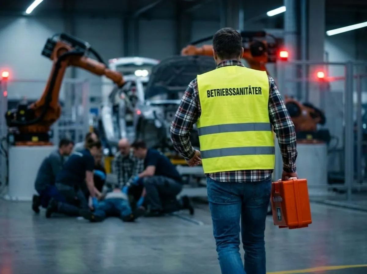 Betriebssanitäter Fortbildung: Ein aktiver Betriebssanitäter mit gelber Warnweste und orangefarbenem Notfallkoffer eilt in einer Industriehalle zu einer Personengruppe, deren Kollege einen Notfall erlitten hat.