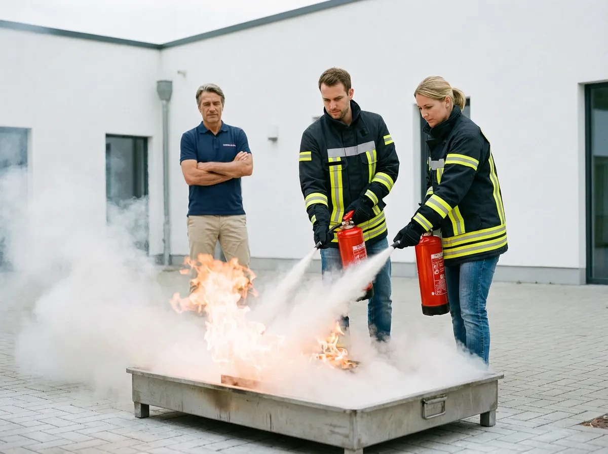 Brandschutzhelfer Ausbildung: Zwei Teilnehmer in Schutzkleidung löschen unter Anleitung eines Experten ein kontrolliertes Feuer in einer Wanne mit Feuerlöschern auf einem Übungshof.