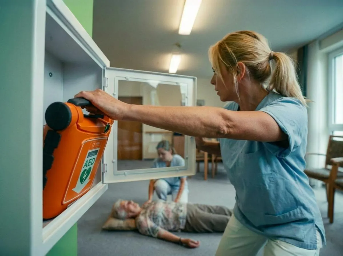 Eine Pflegekraft in blauer Arbeitskleidung entnimmt ein orangefarbenes AED-Gerät aus einem Wandschrank für die Defibrillator Schulung. Im Hintergrund kümmert sich eine Kollegin um eine auf dem Boden liegende ältere Person.