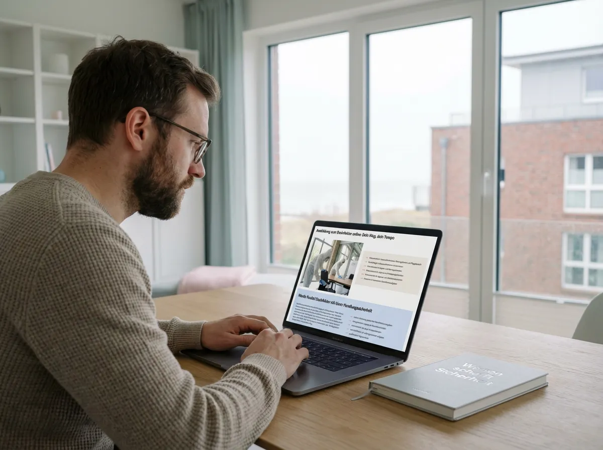 Desinfektor Ausbildung online: Ein Mann sitzt fokussiert an einem Laptop in einem hellen Raum und absolviert einen digitalen Lehrgang.