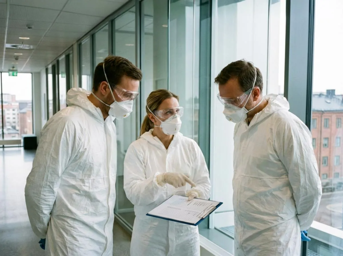 Desinfektor Fortbildung: Drei Experten in weißer Schutzkleidung, Atemschutzmasken und Schutzbrillen besprechen ein Dokument auf einem Klemmbrett in einem modernen Klinikflur.
