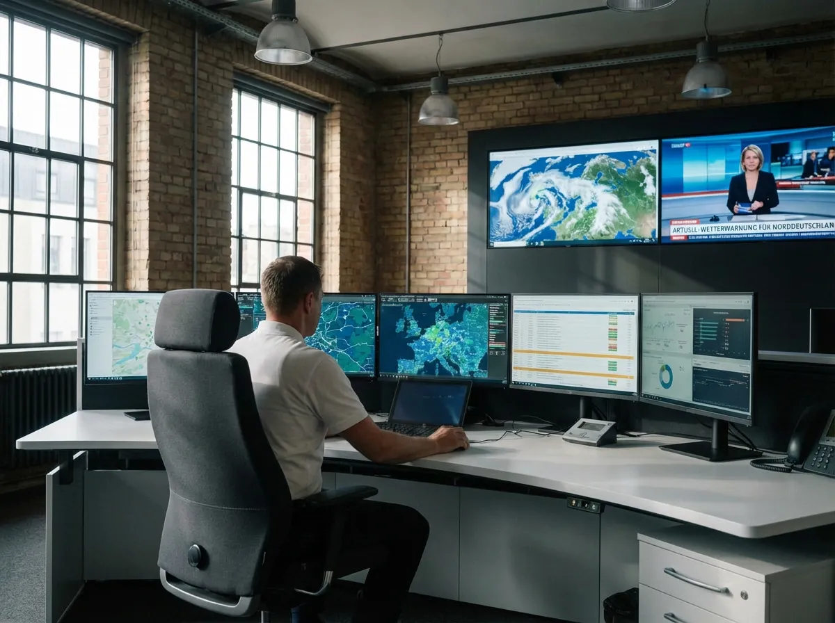Disponent Rettungsleitstelle Ausbildung: Ein Mitarbeiter an einem modernen Multi-Monitor-Arbeitsplatz mit digitalen Karten und Überwachungssystemen in einer Leitstelle.