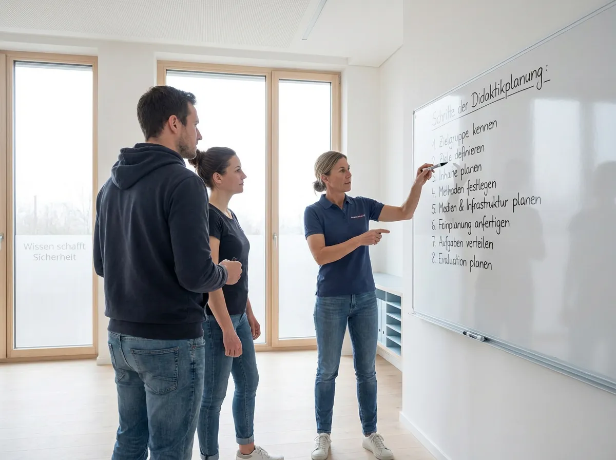 Erste-Hilfe-Ausbilder-Fortbildung: Eine Lehrbeauftragte erklärt zwei Teilnehmenden vor einem Whiteboard die Schritte der Didaktikplanung in einem hellen Schulungsraum.