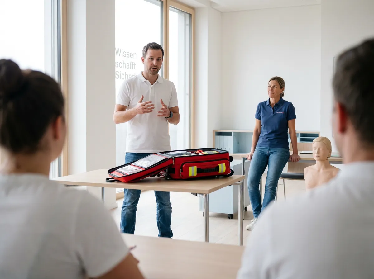 Ein angehender Erste-Hilfe-Ausbilder erklärt während seiner Hospitation im Praxis-Training die Nutzung eines Notfallrucksacks und einer Reanimationspuppe in einem modernen Schulungsraum.