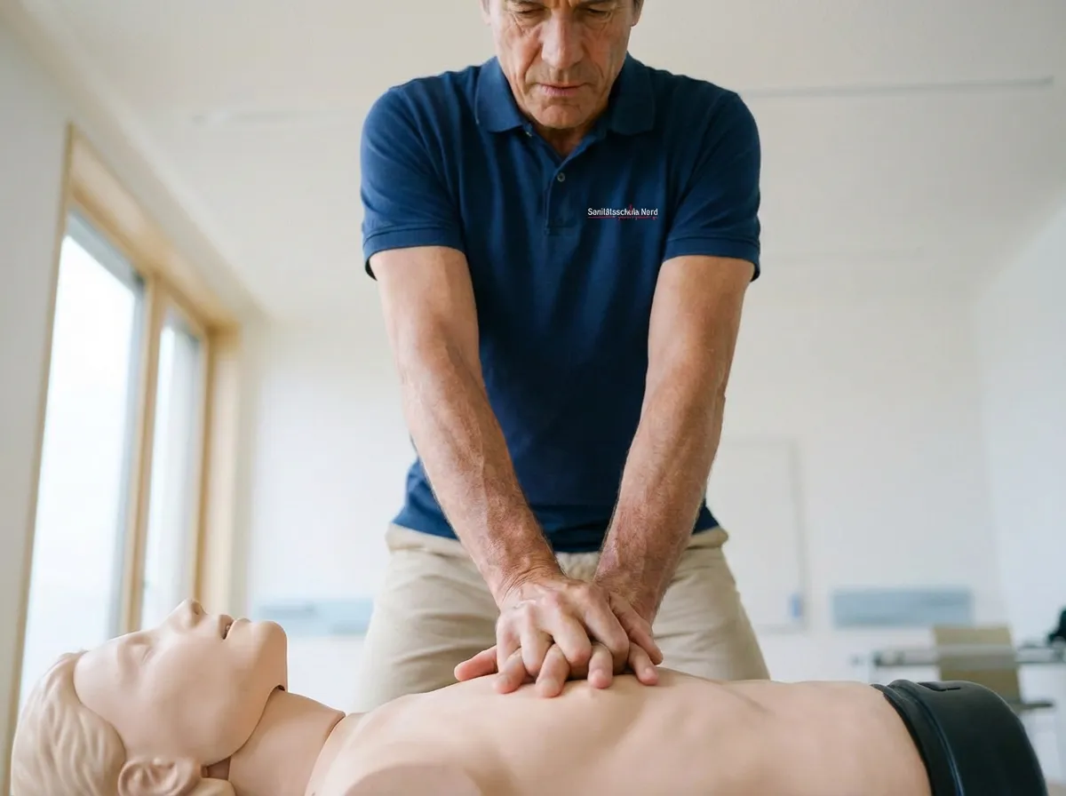 Erste Hilfe Ausbilder verkürzt: Ein Dozent demonstriert fachgerecht die Herzdruckmassage an einer Trainingspuppe in einem hellen Schulungsraum.