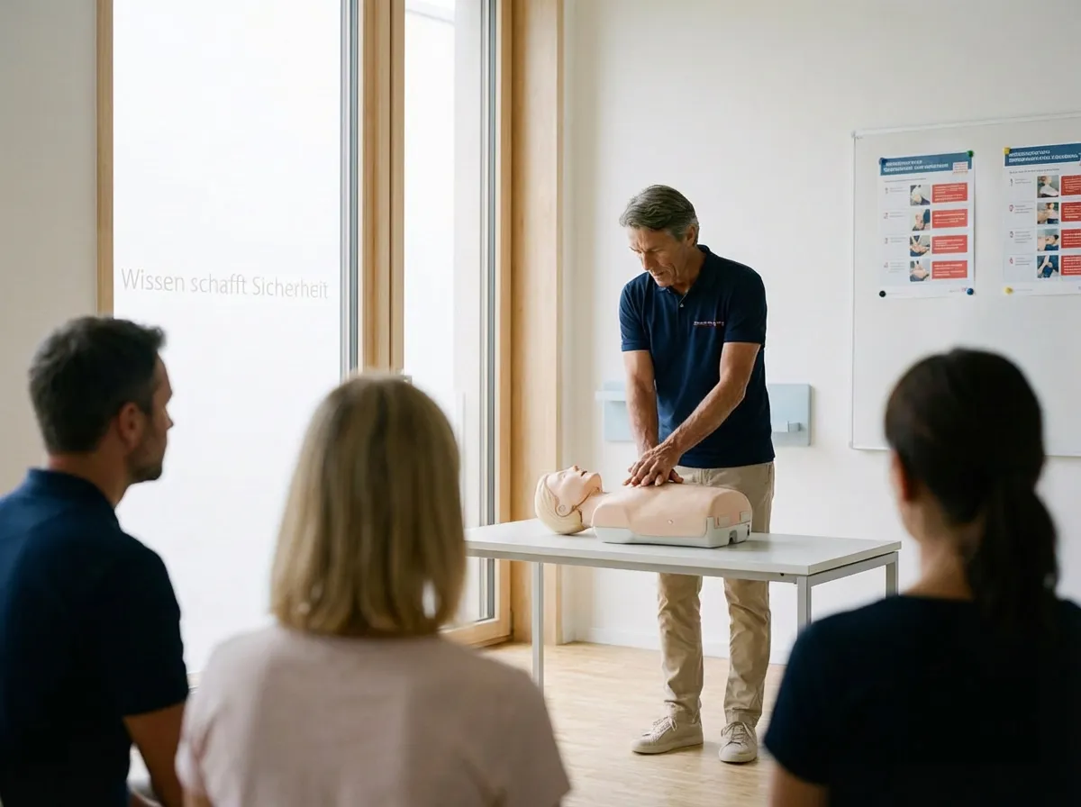 Erste Hilfe Ausbilder werden: Ein erfahrener Dozent demonstriert die Herzdruckmassage an einer Reanimationspuppe vor Kursteilnehmern in einem hellen Schulungsraum.