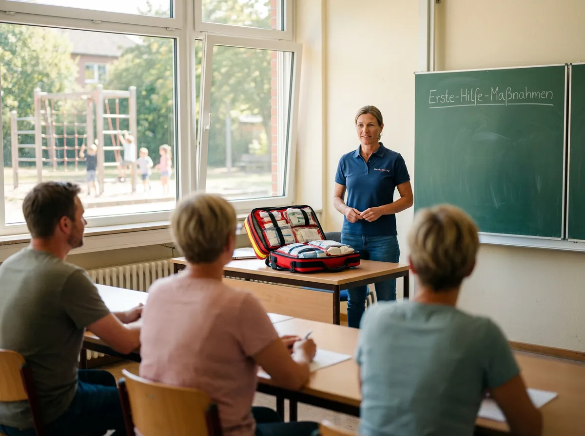 Erste Hilfe in Bildungs- und Betreuungseinrichtungen für Kinder: Trainerin steht in einem Klassenraum neben einer Tafel und erklärt den teilnehmenden Lehrern Erste-Hilfe-Maßnahmen vor einem geöffneten Notfallrucksack.