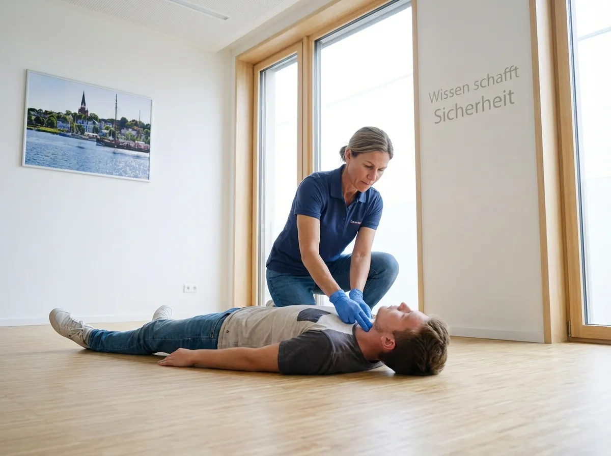 Erste Hilfe Kurs Flensburg für den Führerschein: Eine Trainerin in blauen Handschuhen demonstriert das Prüfen der Vitalfunktionen an einem Teilnehmer in einem hellen Schulungsraum vor einem Bild des Flensburger Hafens als erkennbaren als lokalen Orientierungspunkt.