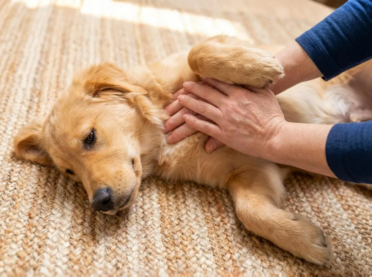 Erste Hilfe Kurs Hund: Zwei Hände führen eine Herzdruckmassage bzw. Untersuchung am Brustkorb eines liegenden Golden Retrievers auf einem Teppich durch.