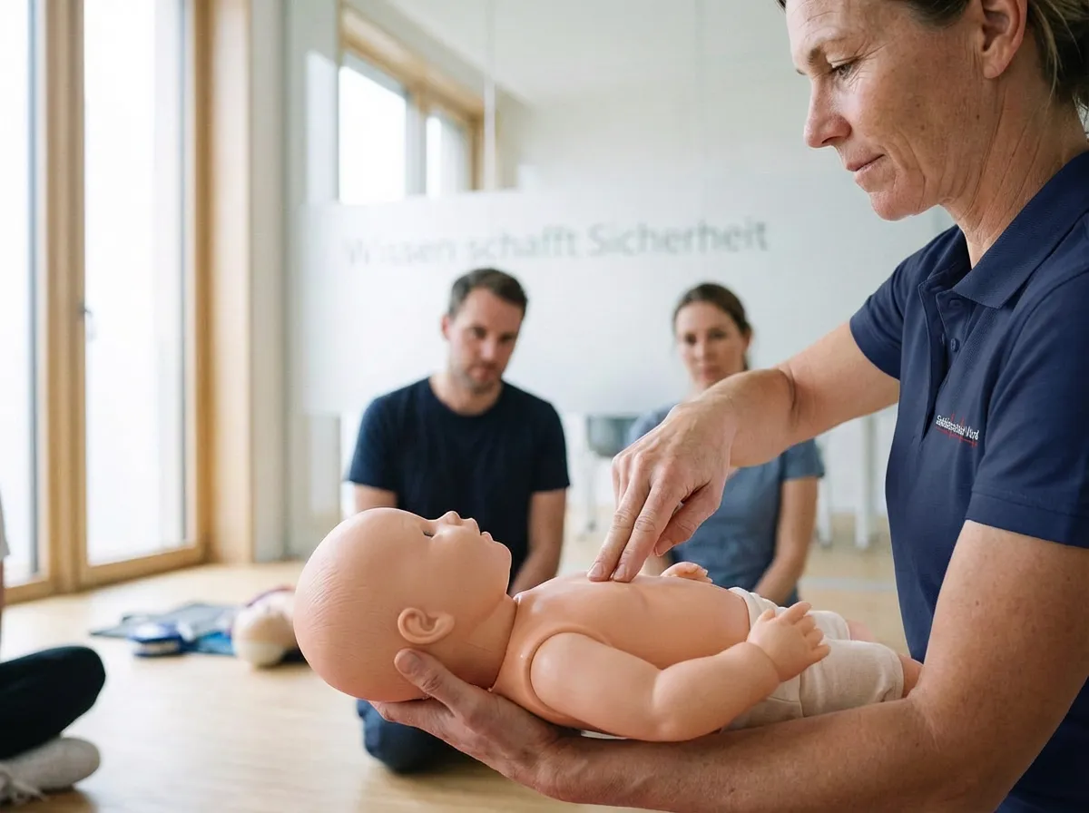 Erste-Hilfe-Kurs Kinder: Eine Ausbilderin zeigt an einer Säuglingspuppe die korrekte Technik der Herzdruckmassage vor zwei Kursteilnehmern in einem hellen Schulungsraum.