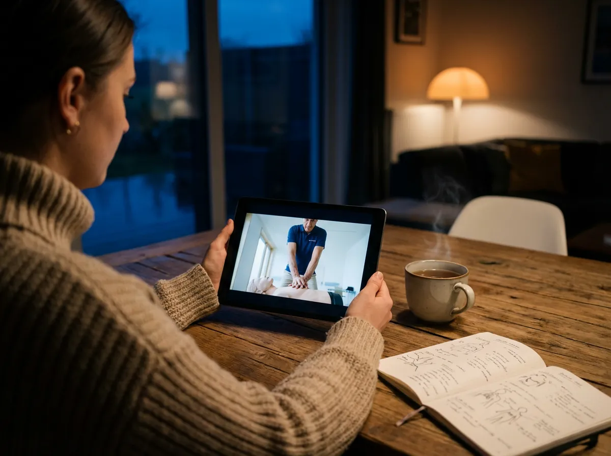 Erste-Hilfe-Kurs online: Eine Teilnehmerin lernt am Tablet in gemütlicher Abendatmosphäre zu Hause die korrekte Herz-Lungen-Wiederbelebung durch eine Videoanleitung.