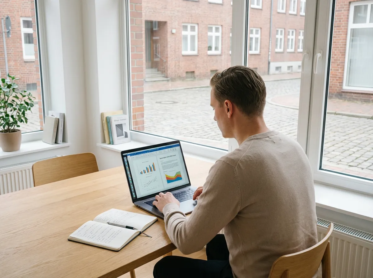 Erste-Hilfe-Schule gründen: Ein Mann sitzt am Holzschreibtisch und arbeitet am Laptop mit Business-Grafiken für die Planung seiner Selbstständigkeit.