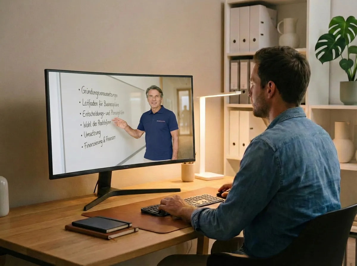 Existenzgründung Seminar am Monitor: Ein Mann im Home-Office lernt via E-Learning von einem Dozenten wichtige Grundlagen zu Businessplan und Finanzierung.