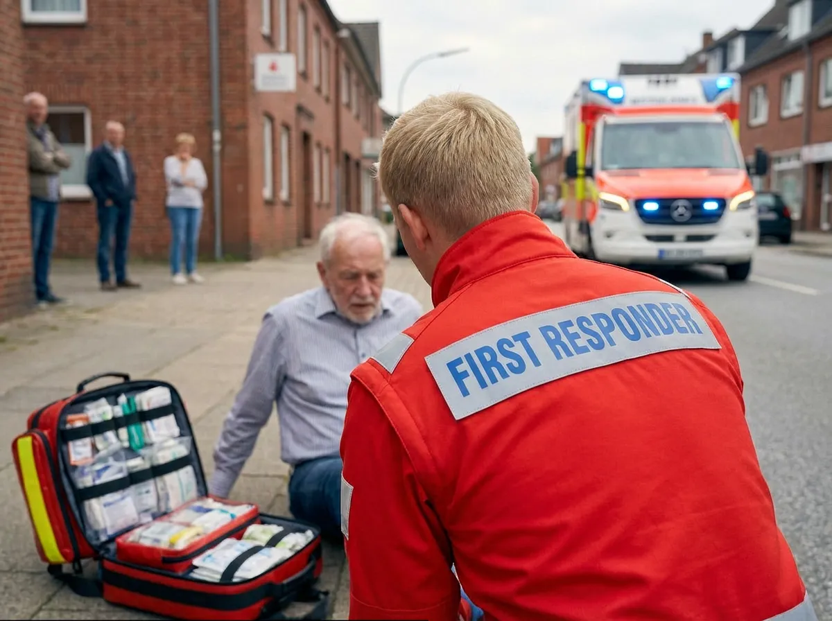 First Responder Ausbildung: Ein Einsatzhelfer in roter Funktionskleidung mit dem Rückenpatch „First Responder“ betreut einen älteren Mann auf einem Gehweg, während im Hintergrund ein Rettungswagen mit Blaulicht eintrifft.