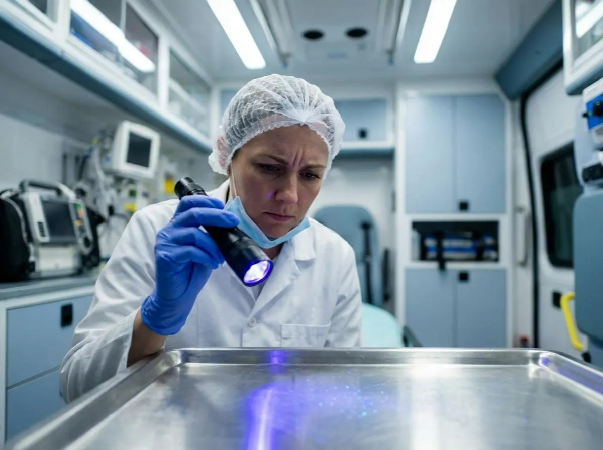 In der Fortbildung für Hygienebeauftragte führt eine Fachkraft in Schutzkleidung eine Fluoreszenzprüfung mit UV-Licht durch, um unsichtbare Kontaminationen auf einer Metalloberfläche in einem Rettungsmittel sichtbar zu machen.