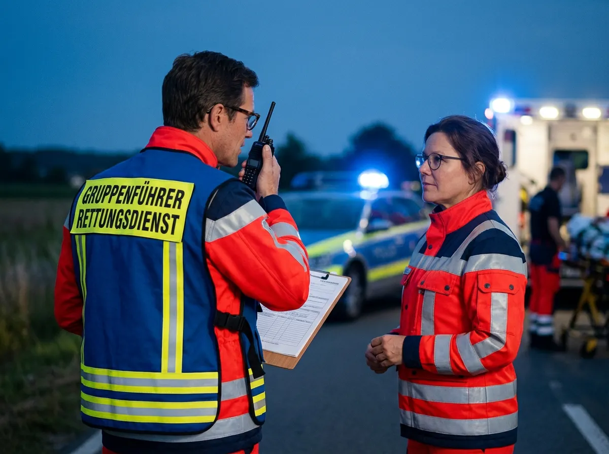 Gruppenführer Rettungsdienst Ausbildung in einer Einsatzübung bei Nacht: Ein Gruppenführer mit Funkgerät und Klemmbrett koordiniert Rettungskräfte vor einem Rettungswagen und Polizeifahrzeug mit Blaulicht.