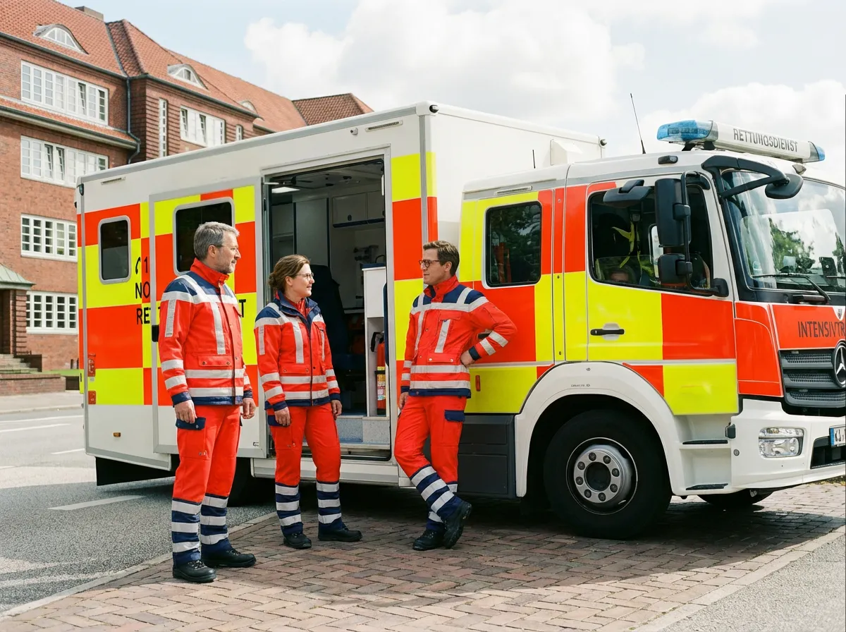 Intensivtransport Kurs: Drei Rettungskräfte in rot-leuchtender Einsatzkleidung stehen im fachlichen Austausch vor einem geöffneten Intensivtransportwagen (ITW).