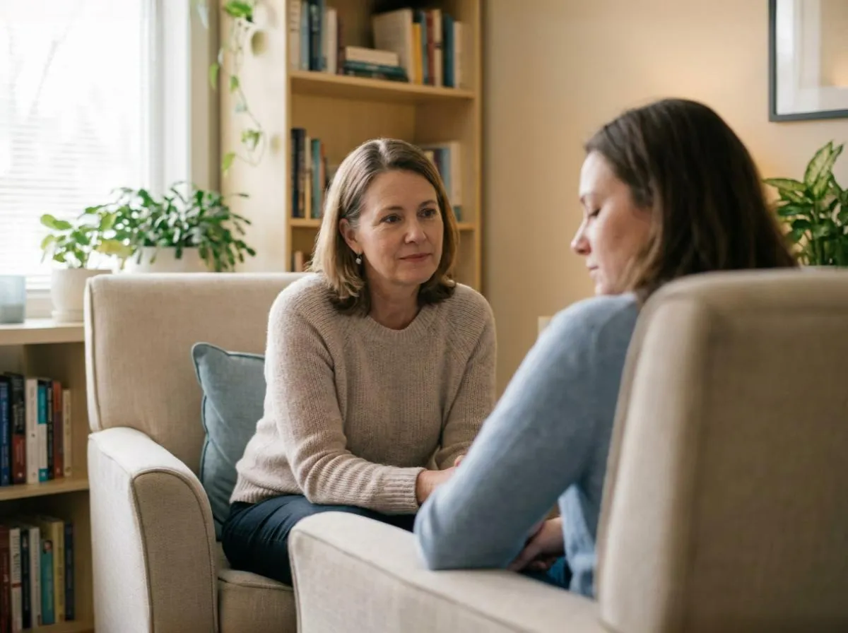 Kriseninterventionsberatung Ausbildung – Eine erfahrene Dozentin im intensiven Gespräch mit einer Teilnehmerin in einem hellen Beratungsraum mit Bücherregalen und Pflanzen.