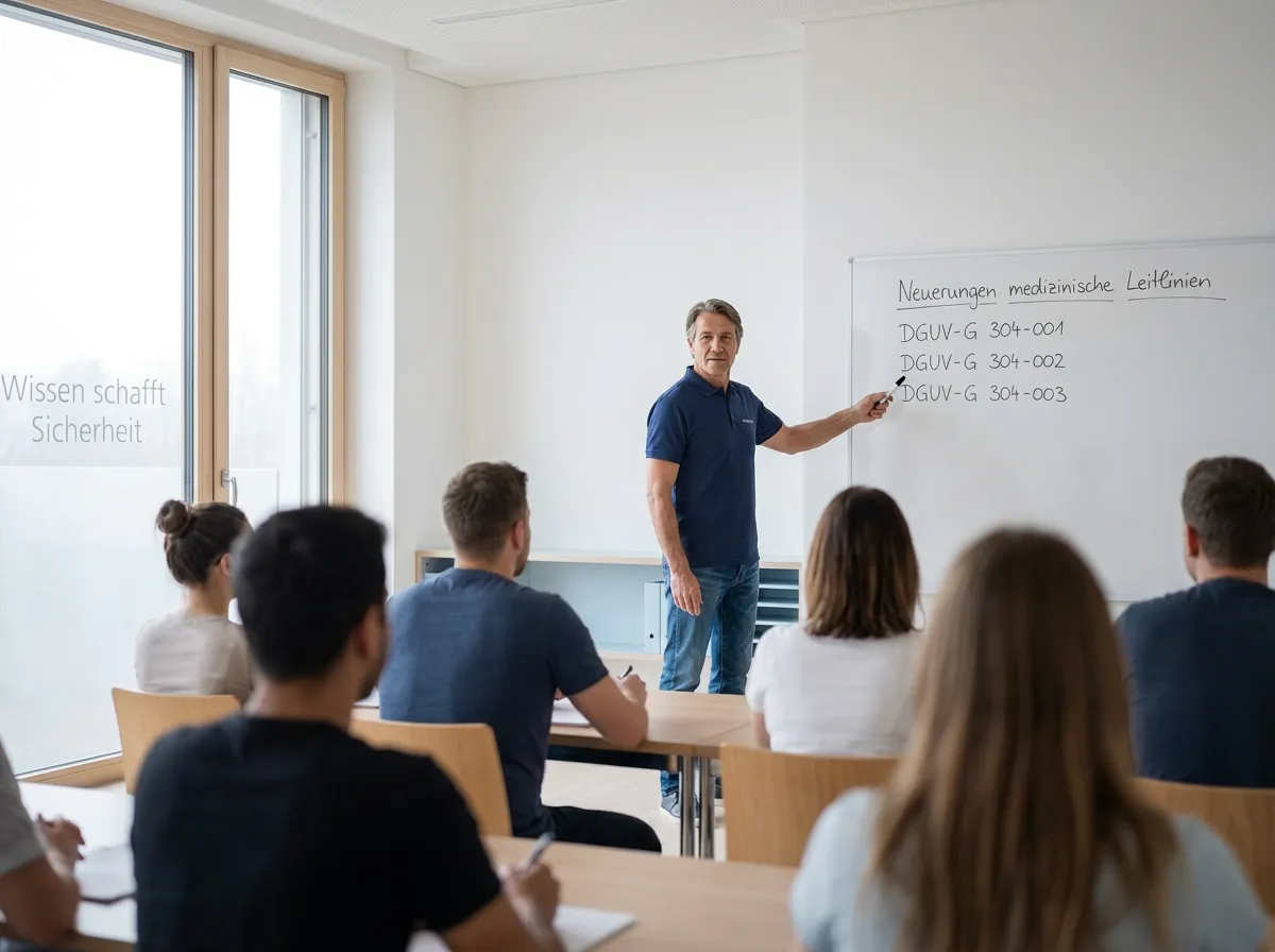 Ein Dozent steht bei einer Lehrbeauftragter für Erste Hilfe und den betrieblichen Sanitätsdienst Fortbildung am Whiteboard und erläutert medizinische Leitlinien (DGUV-G 304-001) vor Kursteilnehmern.