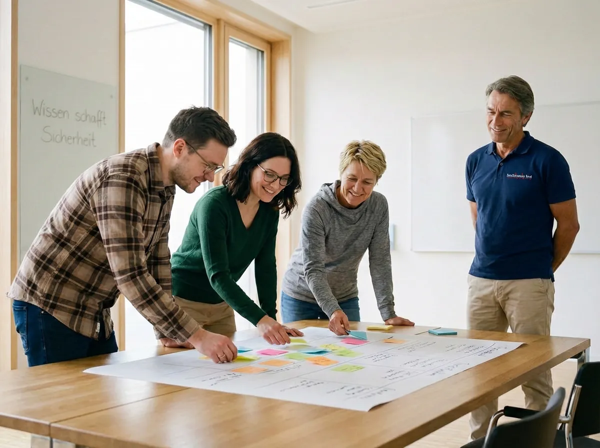 Lehrbeauftragter Erste Hilfe und betrieblicher Sanitätsdienst steht lächelnd neben drei Kursteilnehmern, die bunte Post-its auf einem großen Projektplan an einem Holztisch organisieren.