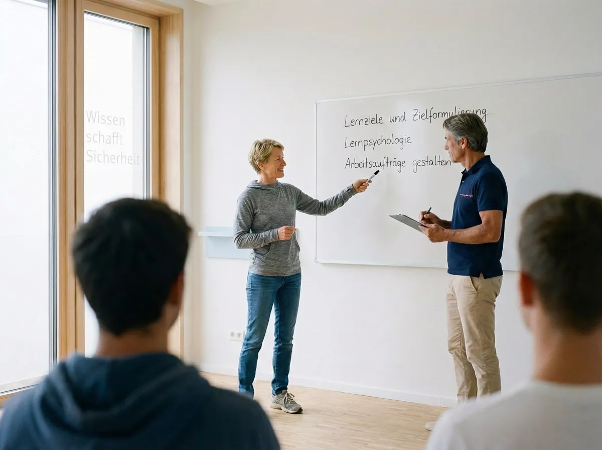 Lehrbeauftragter Erste Hilfe Hospitation in einem hellen Seminarraum. Eine Hospitantin präsentiert Lernziele an einem Whiteboard, während ein Prüfer mit Klemmbrett die pädagogische Methodik evaluiert.