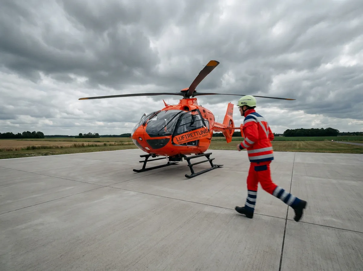 Eine Rettungskraft im Laufschritt auf einem Betonlandeplatz in Richtung eines orangefarbenen Hubschrauber (Eurocopter EC135) mit der Aufschrift 'LUFTRETTUNG'. Praxisszene für die "Luftrettung Ausbildung" in ländlicher Umgebung unter bewölktem Himmel.