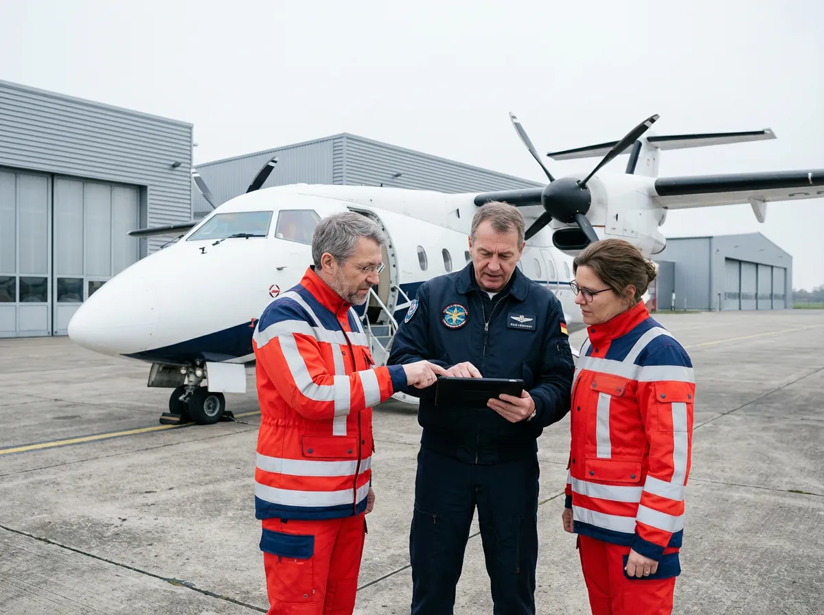 Medizinischer Flugbegleiter Ausbildung: Zwei Rettungskräfte in Einsatzkleidung und ein Pilot besprechen Details auf einem Tablet vor einem Ambulanzflugzeug auf dem Rollfeld.
