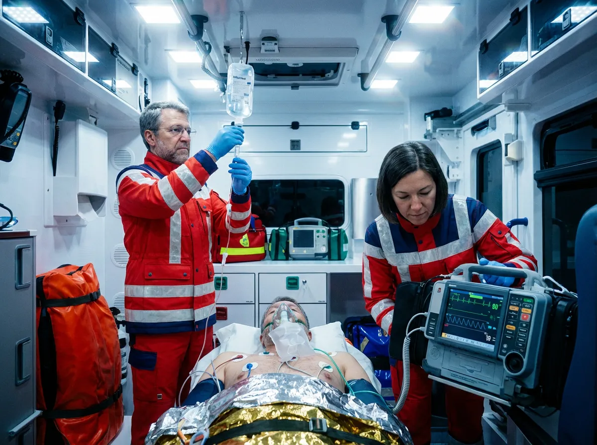 Notfallsanitäter Ausbildung: Zwei Rettungskräfte in Uniform versorgen einen Patienten im Rettungswagen mit einer Infusion und EKG-Überwachung.