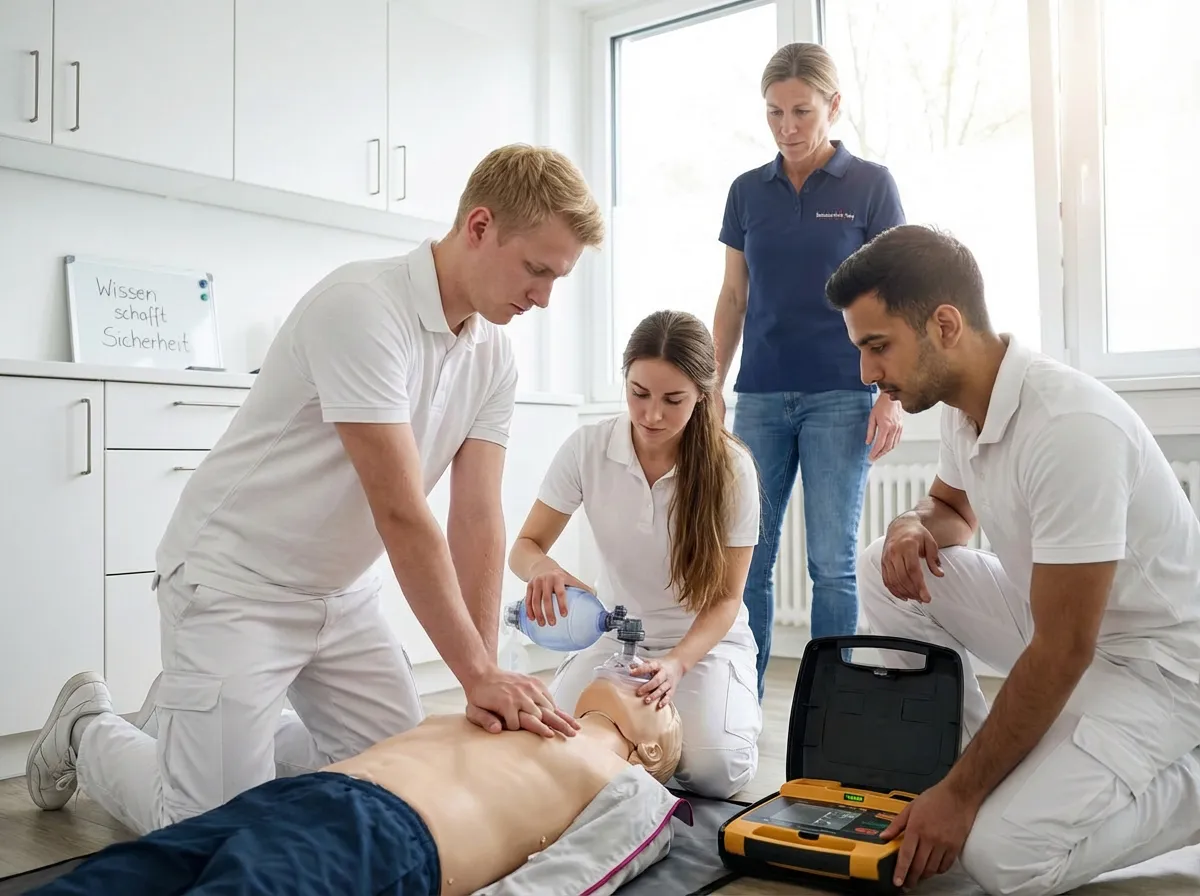Notfalltraining für Arztpraxen: Medizinisches Fachpersonal übt die Reanimation mit Beatmungsbeutel und Herzdruckmassage an einer HLW-Puppe unter Anleitung.