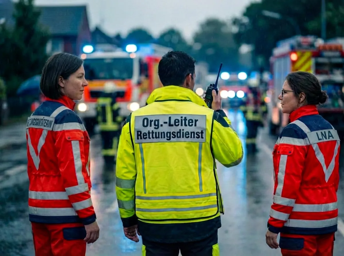 OrgL Fortbildung: Ein Organisatorischer Leiter Rettungsdienst und eine Leitende Notärztin (LNA) koordinieren einen Einsatz vor Rettungsfahrzeugen mit Blaulicht.