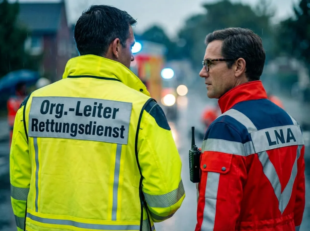 OrgL Lehrgang: Ein Organisatorischer Leiter Rettungsdienst im fachlichen Austausch mit einem Leitenden Notarzt (LNA) an einer Einsatzstelle.