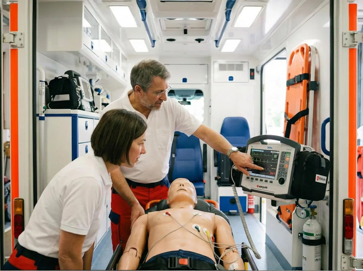 Rettungsdienst Fortbildung: Ein Dozent und eine Fachkraft trainieren an einer Simulationspuppe im Rettungswagen und analysieren die Herzrhythmusanzeige auf einem modernen EKG-Monitor.
