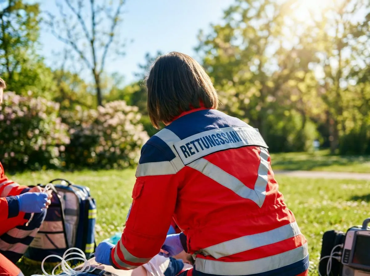 Rettungssanitäter Abschlusslehrgang und Prüfung: Zwei Einsatzkräfte in rot-blauer Dienstkleidung führen eine medizinische Notfallübung auf einer Wiese durch, inklusive Notfallrucksack und EKG-Monitor.