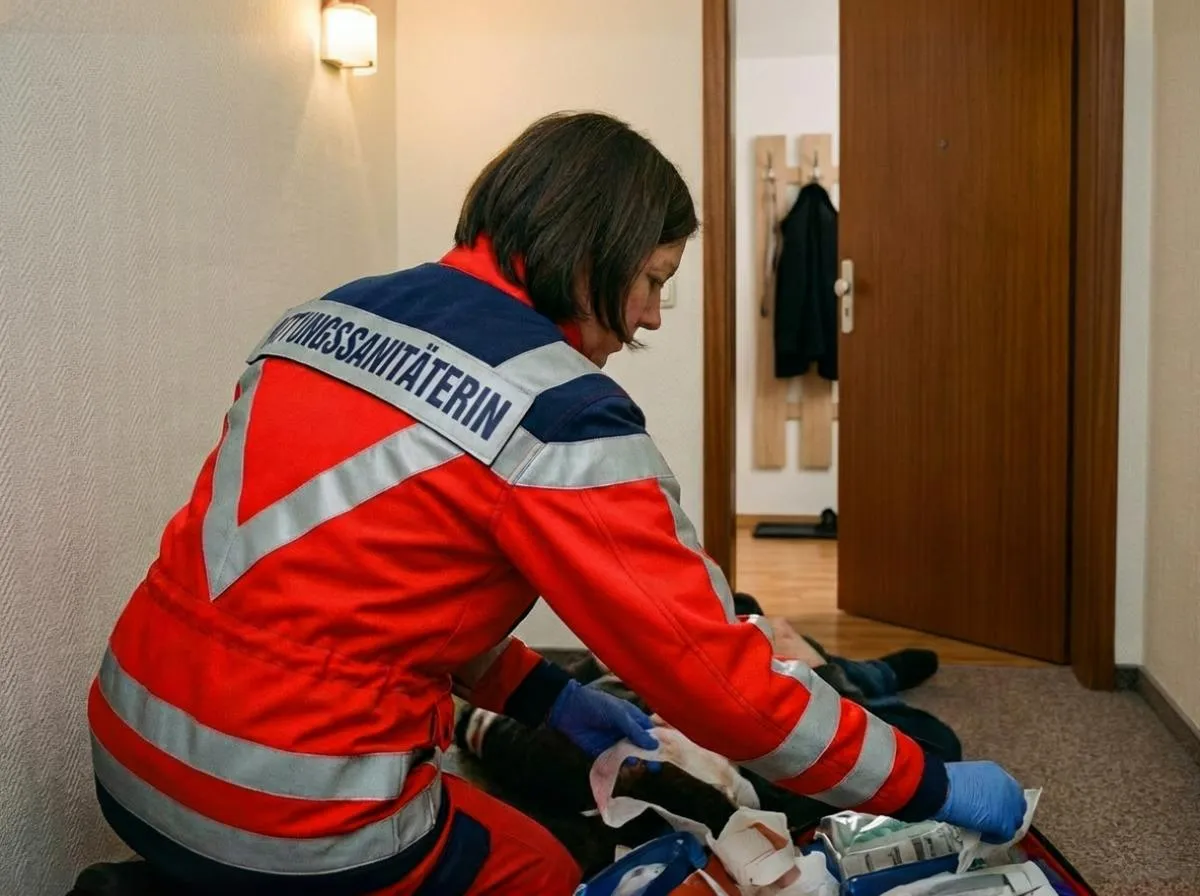 Rettungssanitäter Ausbildung: Eine Rettungssanitäterin in roter Warnkleidung versorgt einen Patienten am Boden mit medizinischem Material.