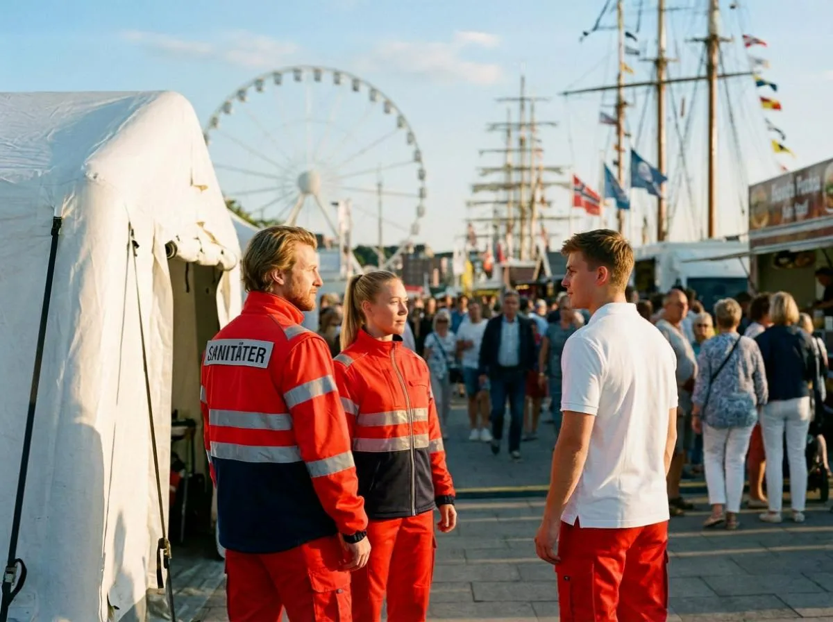 Sanitäter Ausbildung: Drei Einsatzkräfte in Dienstkleidung im Fachgespräch vor einem Sanitätszelt auf einer maritimen Großveranstaltung mit Riesenrad und Segelschiffen im Hintergrund.