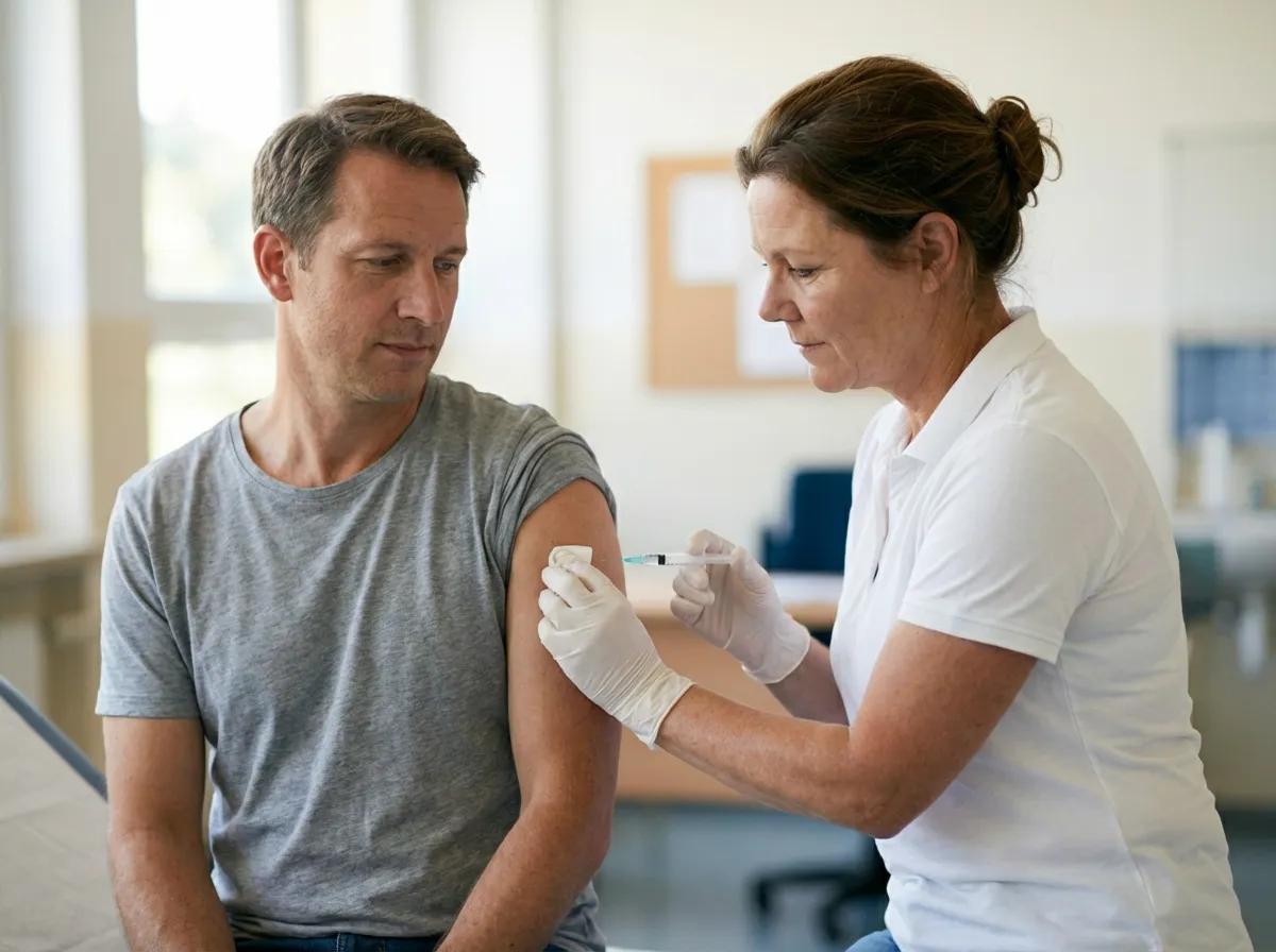 Spritzenschein Kurs: Eine medizinische Fachkraft in Arbeitskleidung führt unter Einhaltung der Hygienestandards eine Injektion am Oberarm eines Patienten durch.