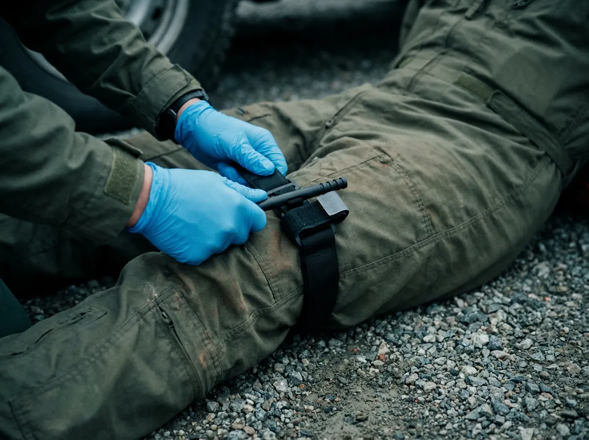 Taktische Erste Hilfe lernen: Eine Person in olivgrüner Einsatzkleidung und blauen Nitrilhandschuhen appliziert ein schwarzes Tourniquet am Oberschenkel eines schwer Verwundeten auf Schotteruntergrund.