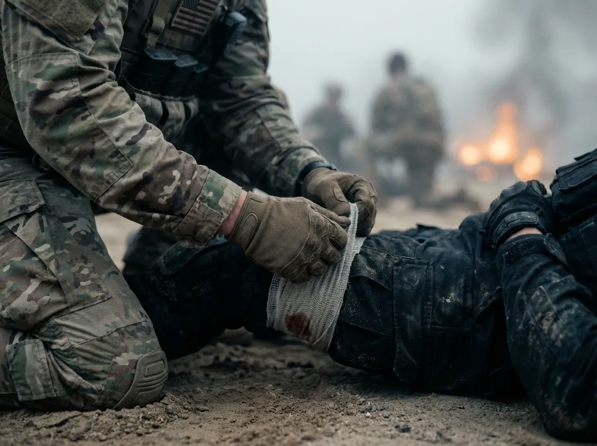 Taktischer First Responder bei der medizinischen Erstversorgung und Wundversorgung am Bein eines Verletzten in einer realistischen Einsatzsimulation mit Rauchentwicklung.