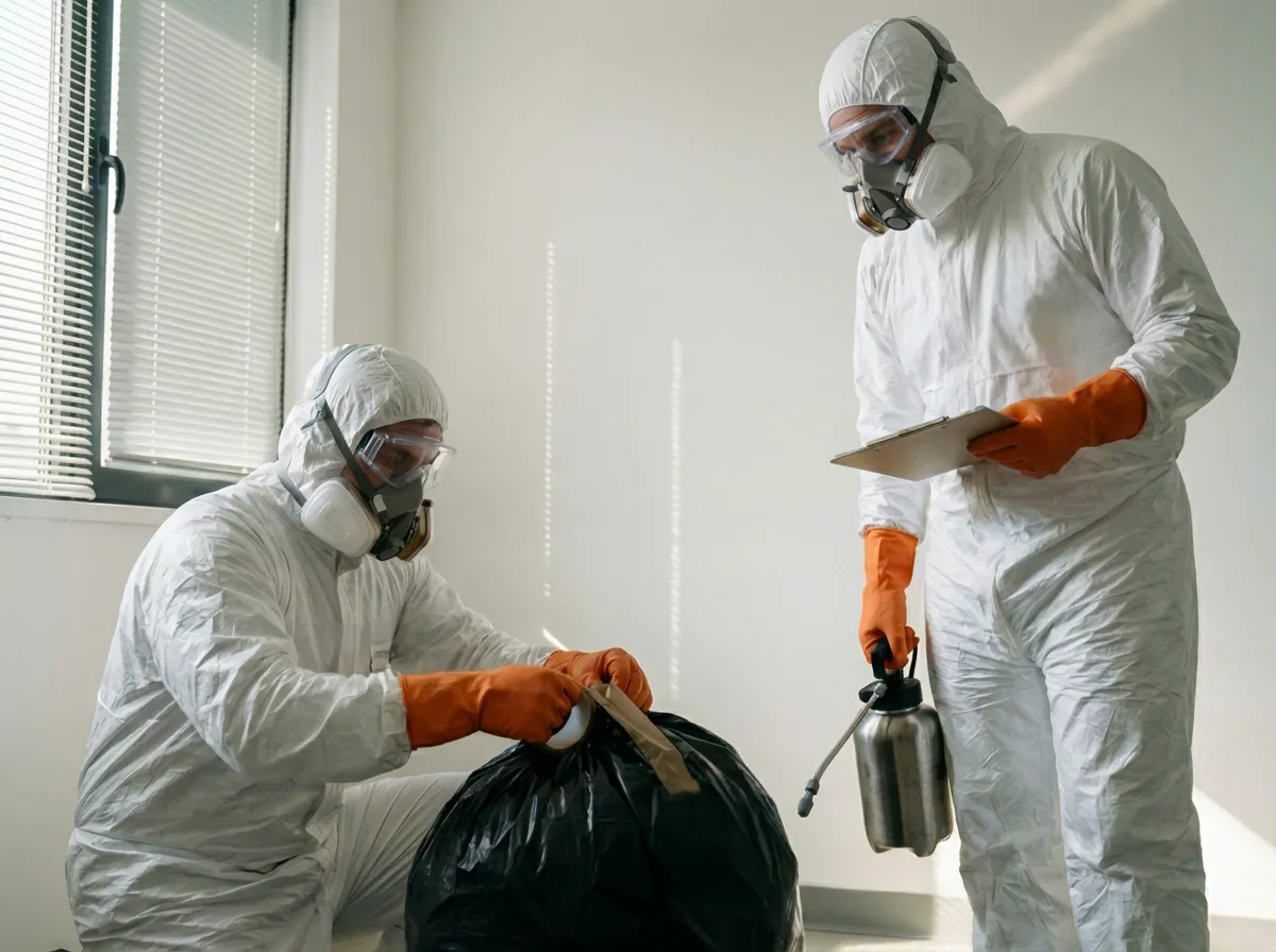 Tatortreiniger Ausbildung: Zwei Experten in weißer Schutzkleidung, Atemschutzmasken und Schutzbrillen entsorgen sicher Abfallbeutel in einem klinisch gereinigten Raum.