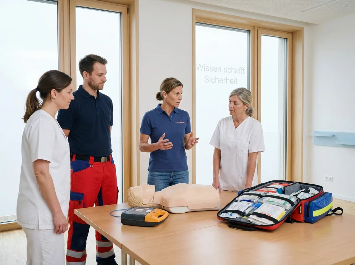 Weiterbildung zur Praxisanleitung: Vier Fachkräfte aus Pflege und Rettungsdienst in Berufsbekleidung diskutieren die Anwendung eines Defibrillators und einer Notfalltasche an einer Simulationspuppe.