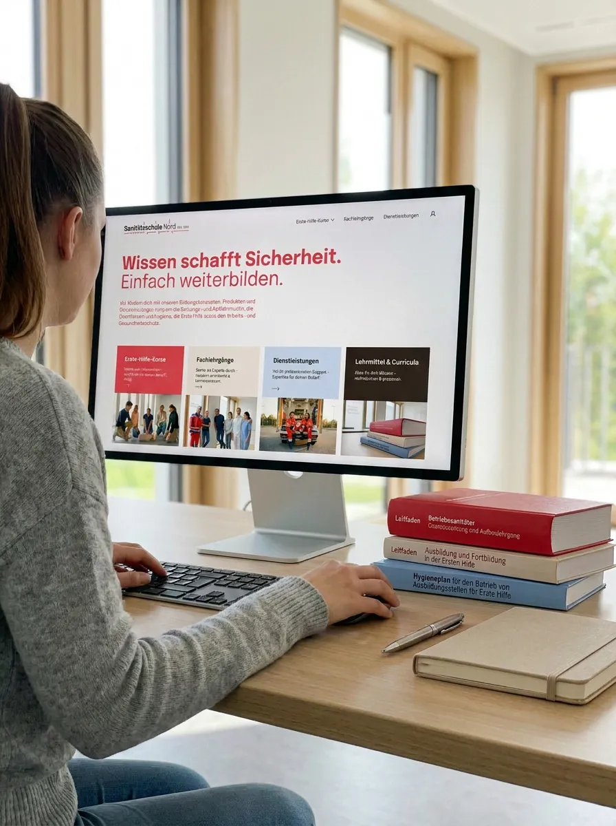 Mitarbeiter im Büromanagement bei der Arbeit am Computer in der Sanitätsschule Nord, umgeben von Fachliteratur für Erste-Hilfe-Ausbildung und Hygieneplänen.
